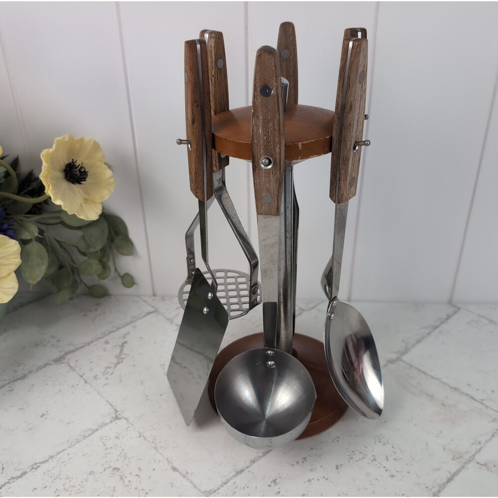 Vintage Mid Century Wood Handle Utensil Set w/ Stand Rack Japan 6 Pc